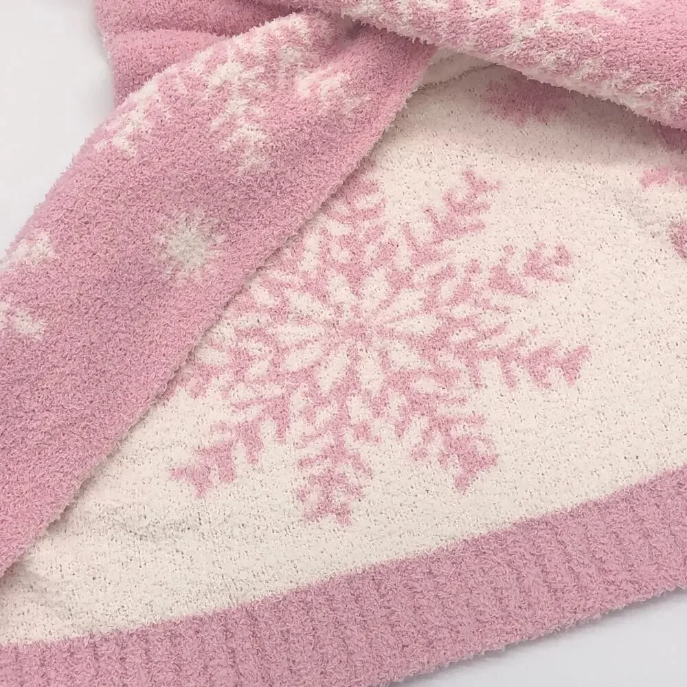 New Magaschoni Reversible Pink & White Snowflake Throw Blanket Christmas Winter